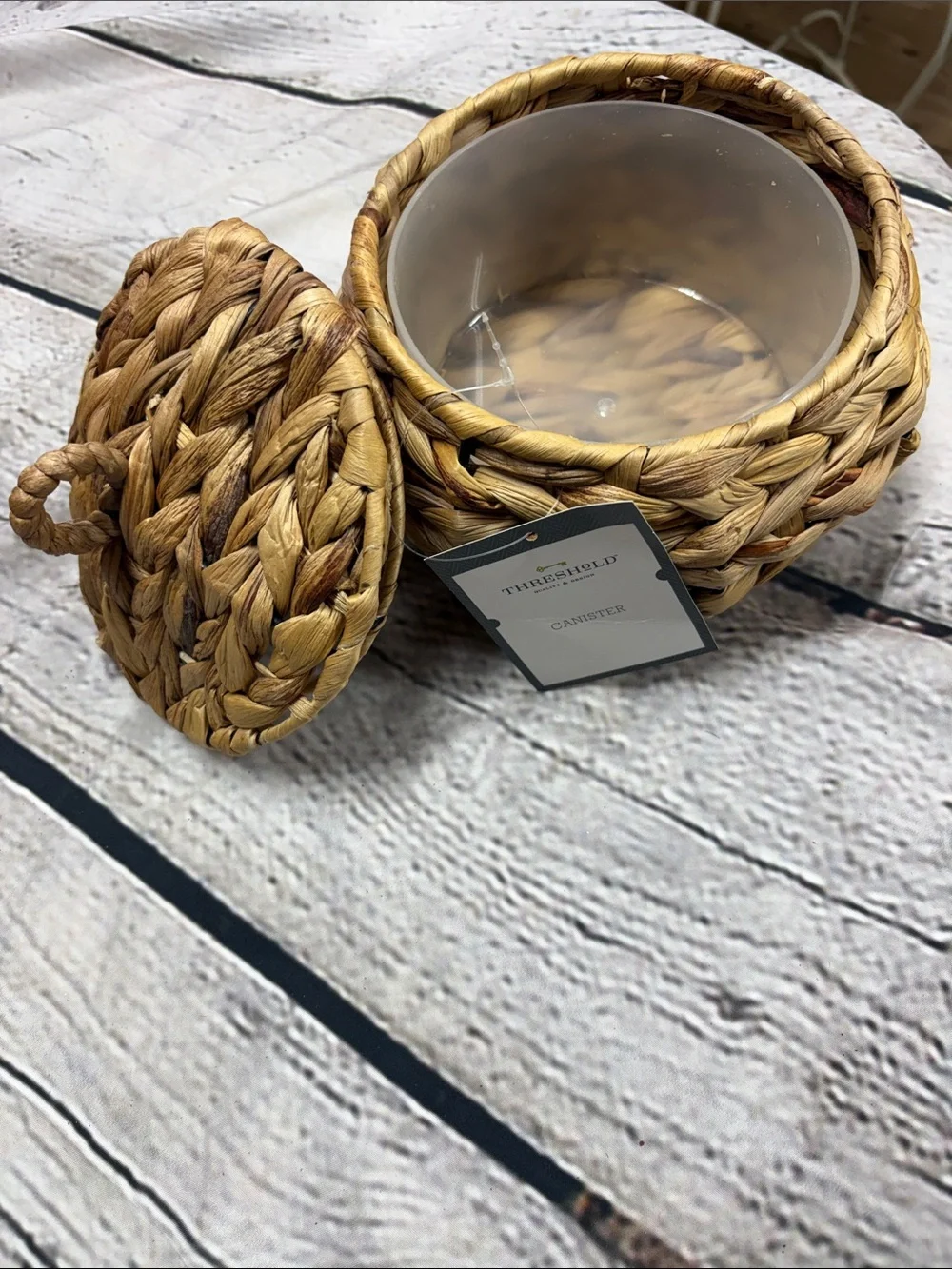 Woven Natural Bathroom Set with Wood-Look Soap Dispenser - Waste Basket